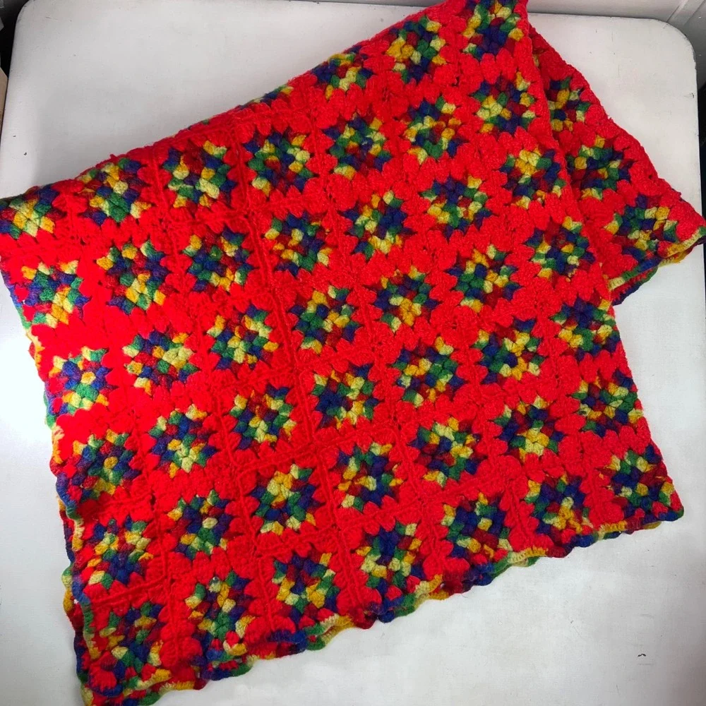 Red Crochet Granny Square Blanket Afghan Colorful Handmade Throw 66x52